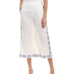 FoxieDox White and Blue Embroidered Wide Leg Crop Pants